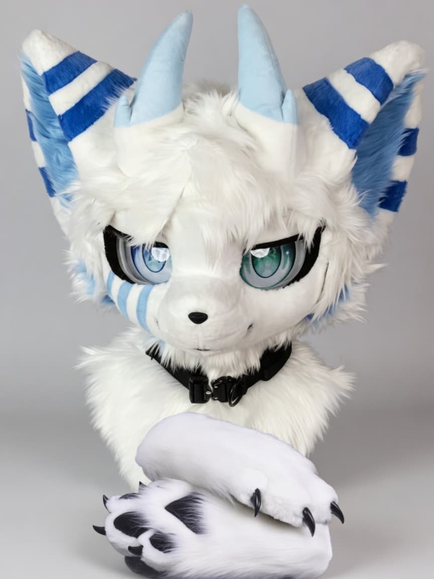 White and Blue Dragon Fursuit Head and Handpaws with Horns