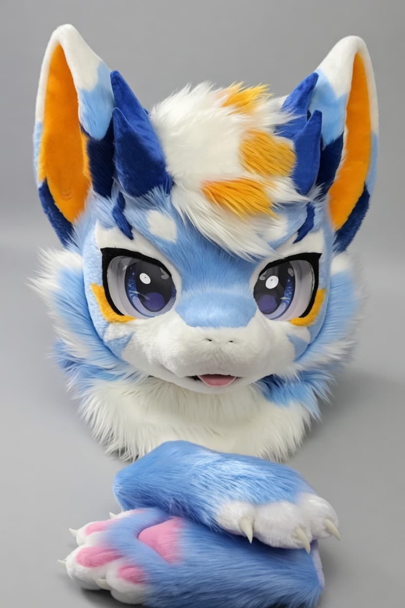 Blue and Orange Fox Fursuit Head and Handpaws with Violet Eyes
