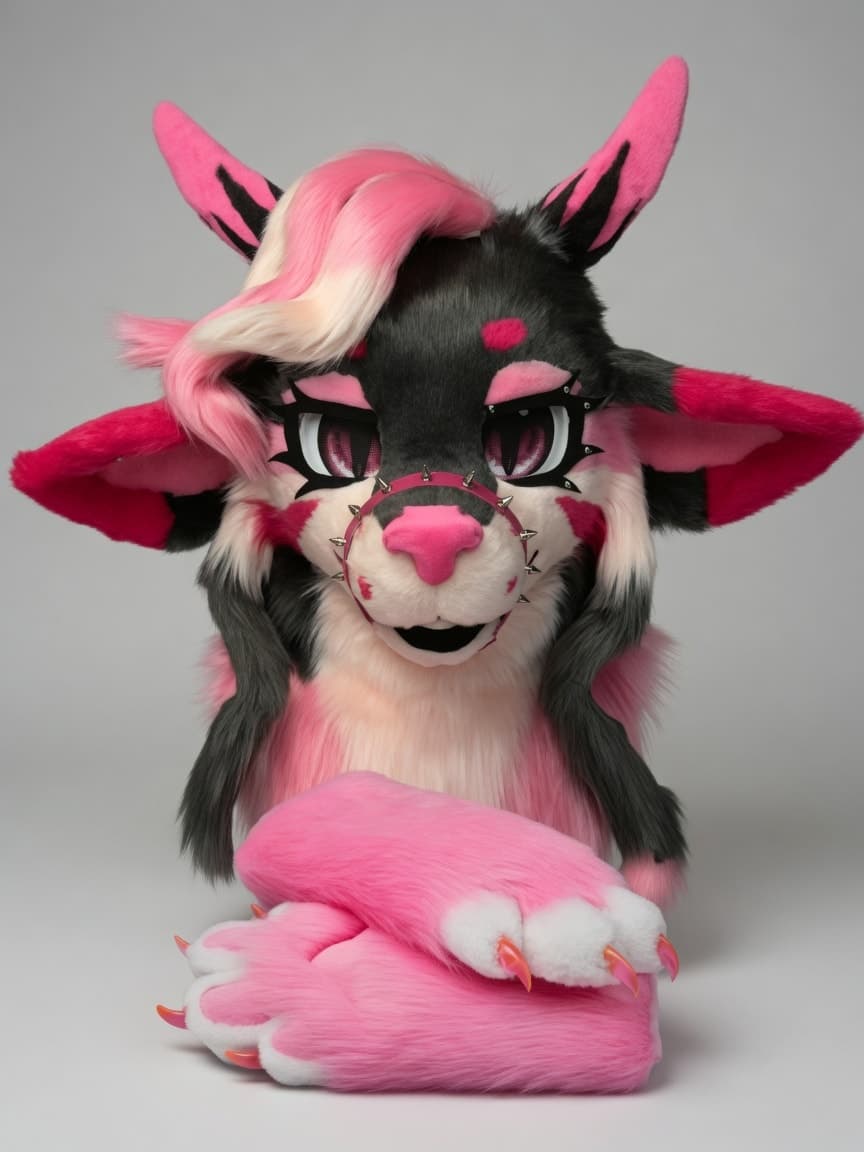 Grey and Pink Wolf Fursuit Head and Handpaws with Nose Ring
