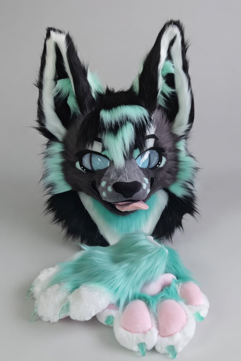 Charcoal and Mint Wolf Fursuit Head and Handpaws with Tongue Out