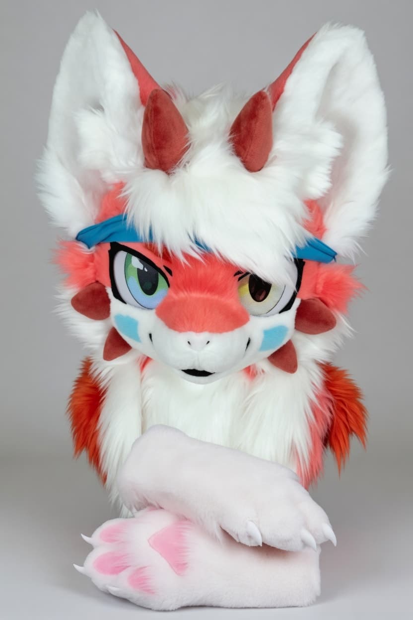 White and Coral Dragon Fursuit Head and Handpaws with Frills